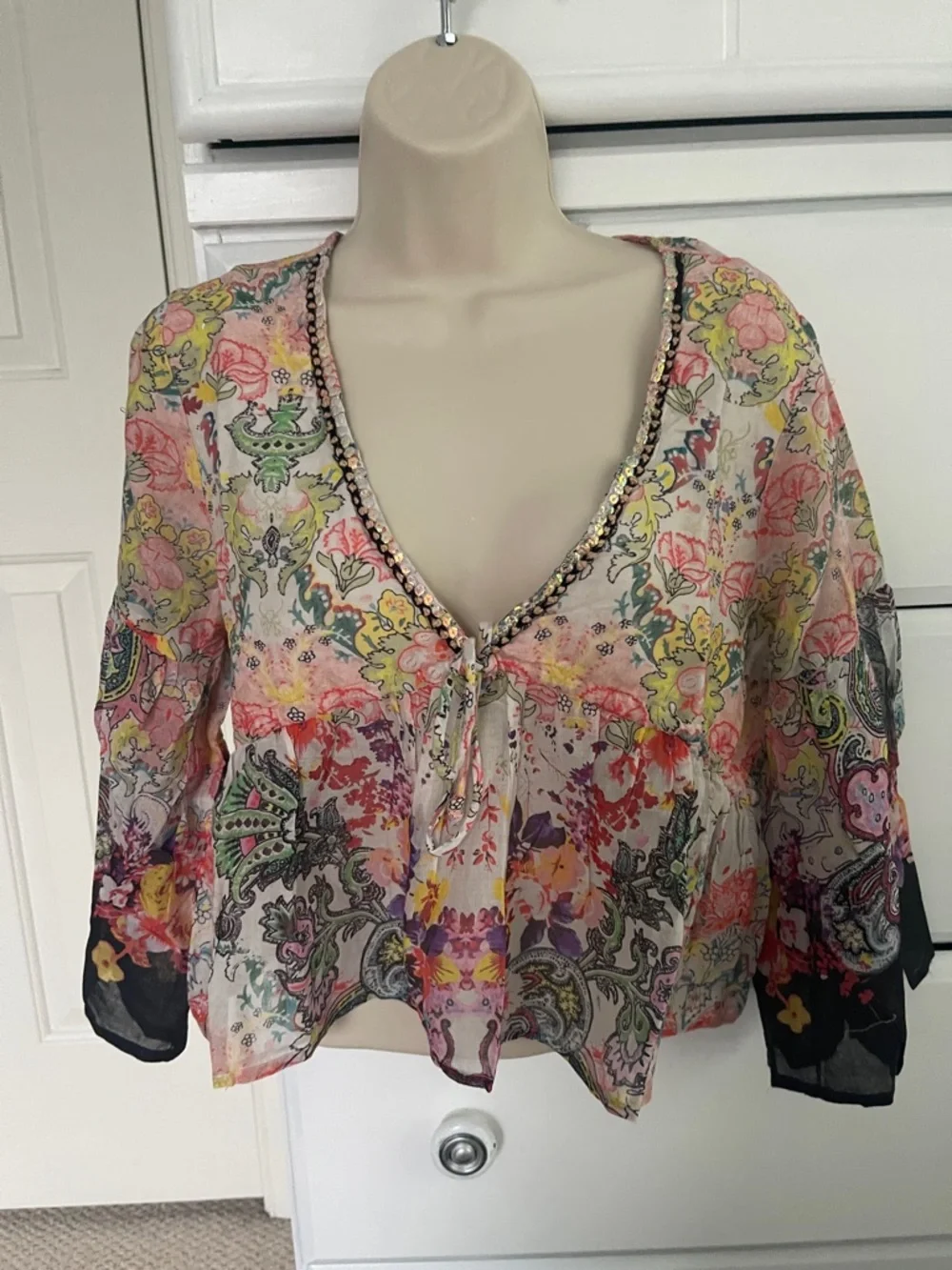 NATURAL LIFE Pastel Floral Beaded Trim Top - Pink Green Yellow Blue - Picture 1 of 6